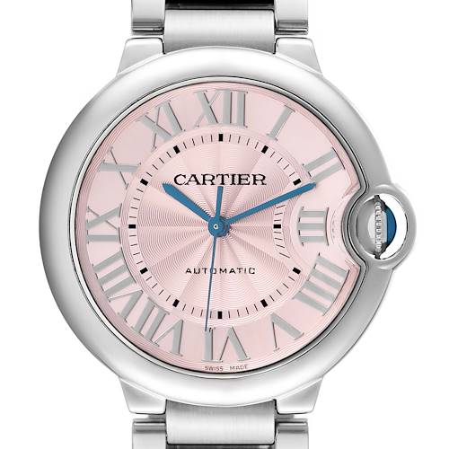 The Cartier Ballon Bleu W6920041 Women's Stainless Steel Pink Dial watch is shown straight on, featuring the dial, Roman numerals, hands, and a blue cabochon crown.