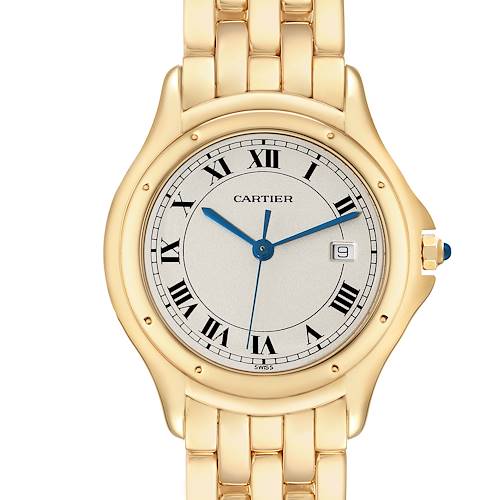 This image shows a front view of a Cartier Panthere W25013B9 Women's Yellow Gold Silver Dial W25013B9 Women's Yellow Gold Silver Dial watch, highlighting the face, hands, date window, and part of the band.