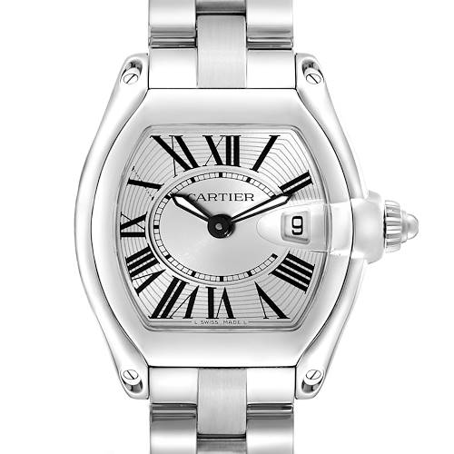 The Cartier Roadster W62016V3 Women's Stainless Steel Silver Dial watch is shown from the front, displaying the silver dial, Roman numerals, and date window.