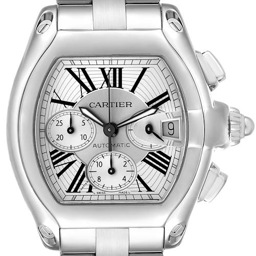 The Cartier Roadster W62019X6 Men's Stainless Steel Silver Dial watch is shown from a front angle, highlighting the dial, date, and pushers.