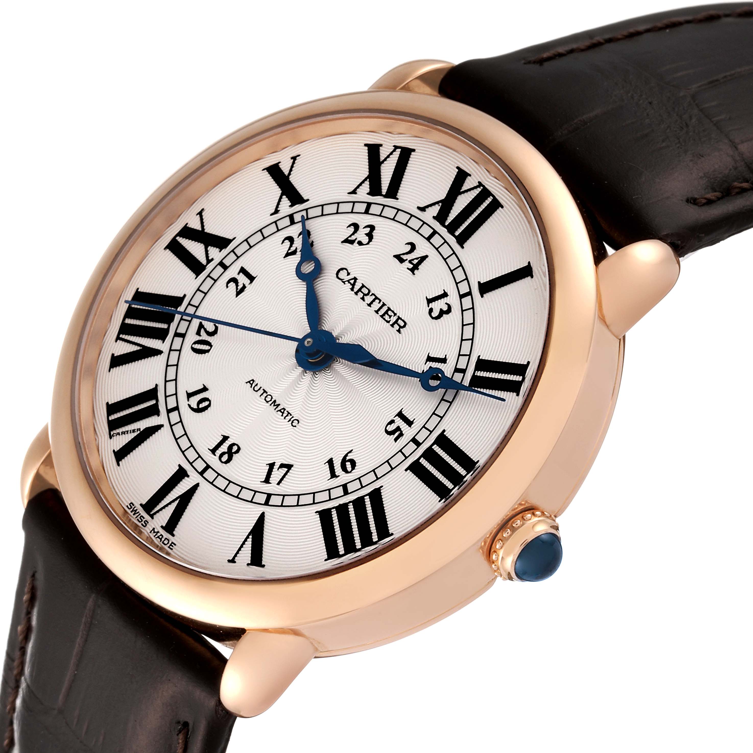 The image shows a side and front angle view of the Cartier Ronde WGRN0006 Men's Rose Gold Silver Dial WGRN0006 Men's Rose Gold Silver Dial watch, highlighting its face, hour markers, hands, and crown detail.
