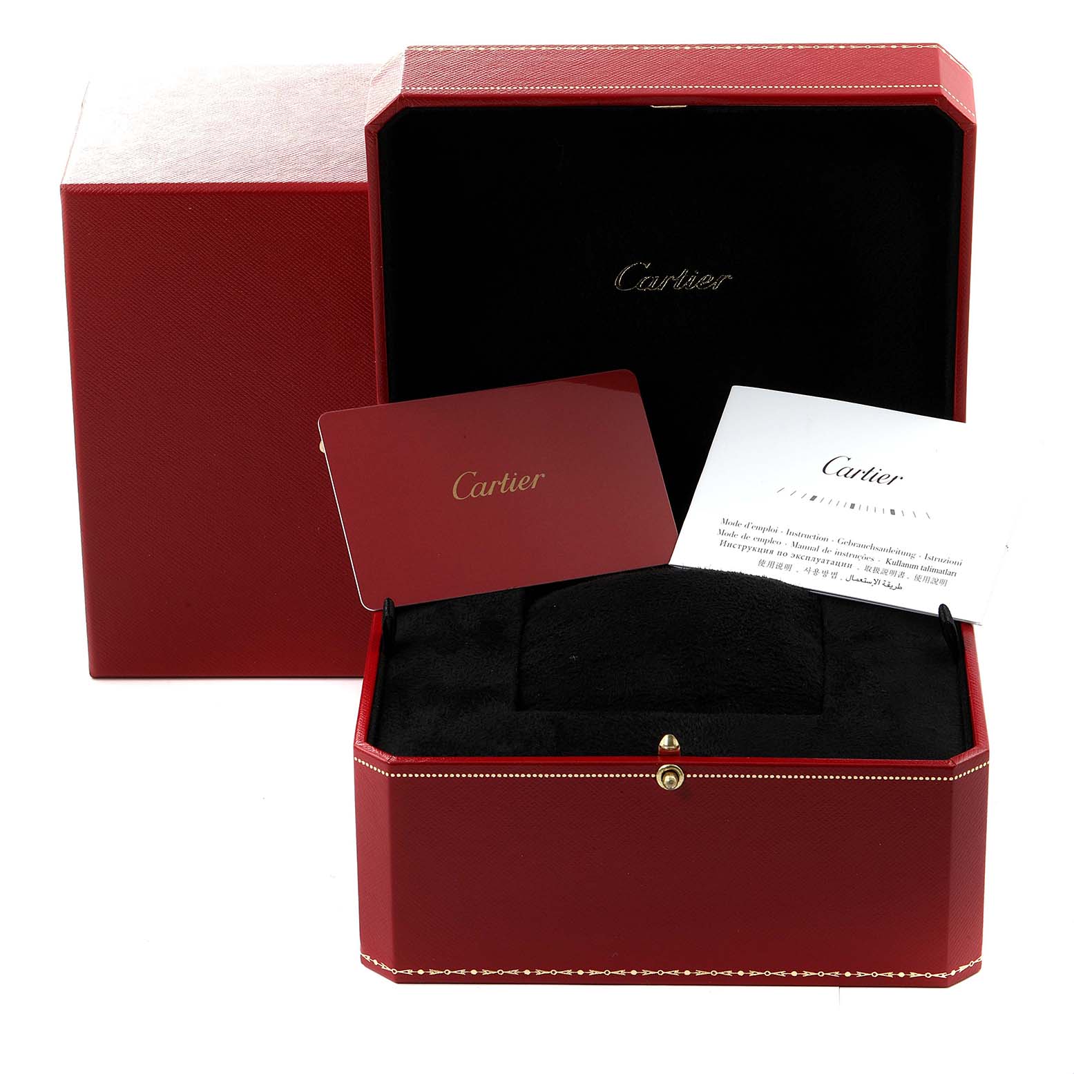 The image shows the red, open box and packaging for the Cartier Ronde WGRN0006 Men's Rose Gold Silver Dial WGRN0006 Men's Rose Gold Silver Dial watch, along with a warranty card and instruction booklet.