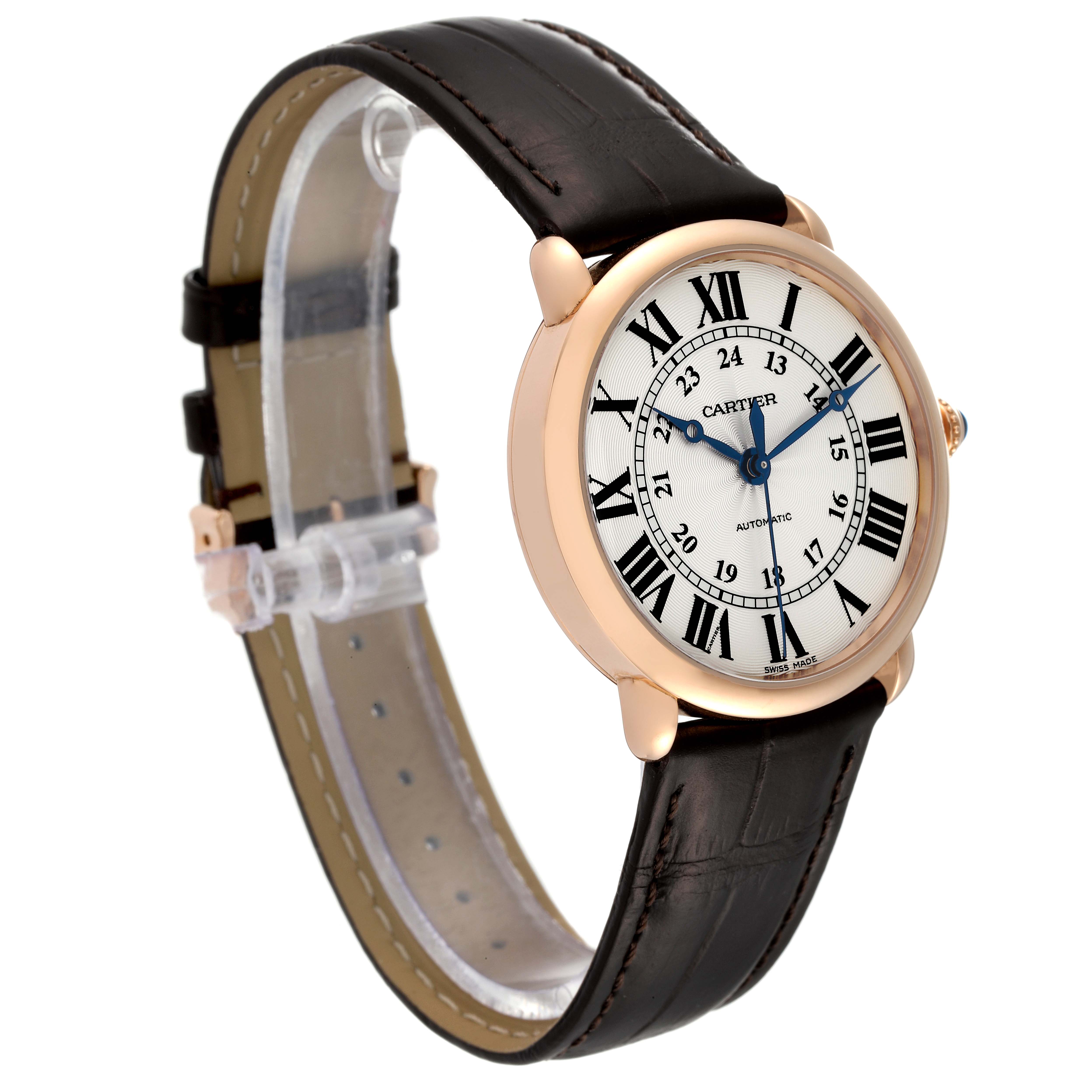 The Cartier Ronde WGRN0006 Men's Rose Gold Silver Dial WGRN0006 Men's Rose Gold Silver Dial model watch is shown at an angled side view, displaying its face, bezel, case, and leather strap.