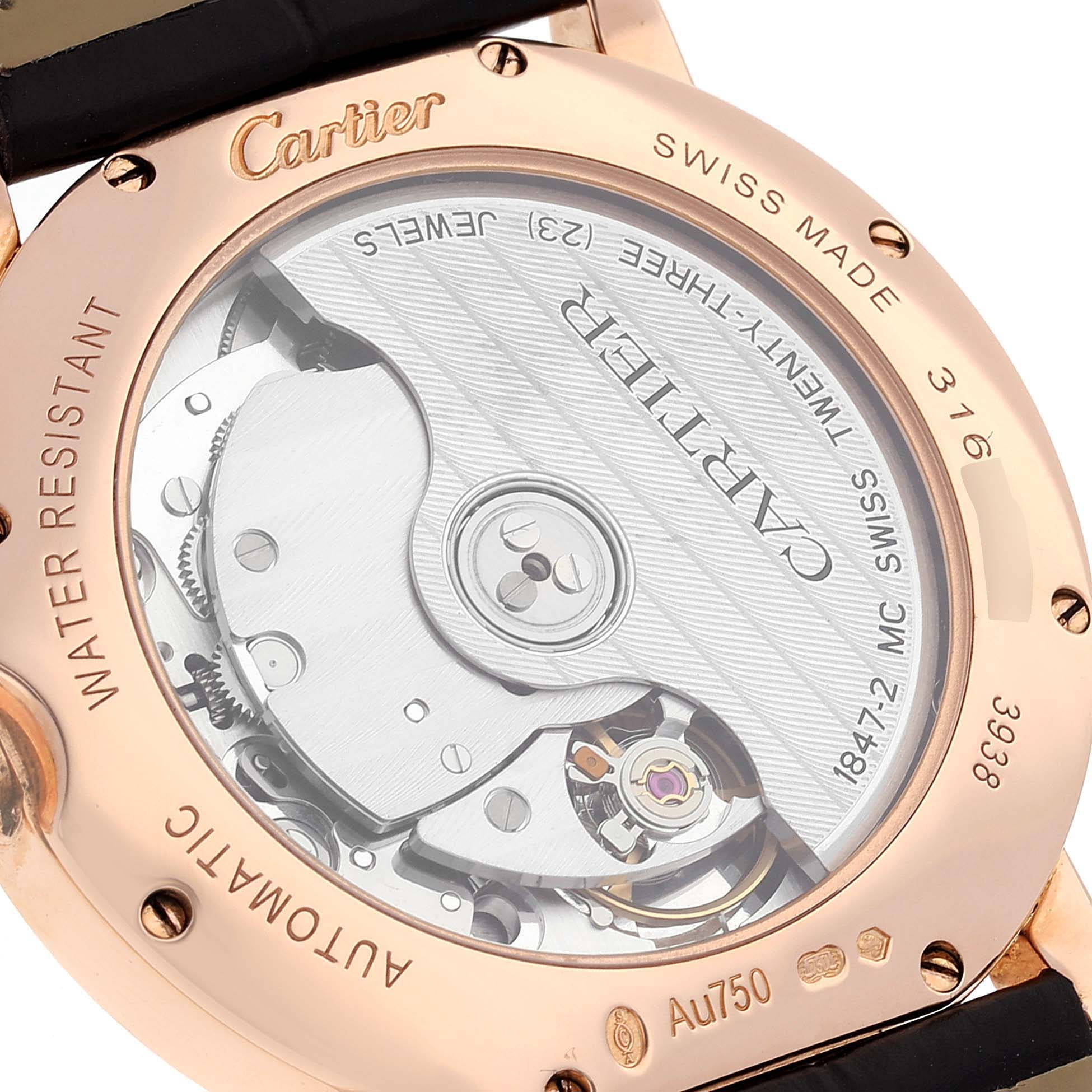 This image shows the back of a Cartier Ronde WGRN0006 Men's Rose Gold Silver Dial WGRN0006 Men's Rose Gold Silver Dial watch, highlighting its automatic movement and internal mechanism.