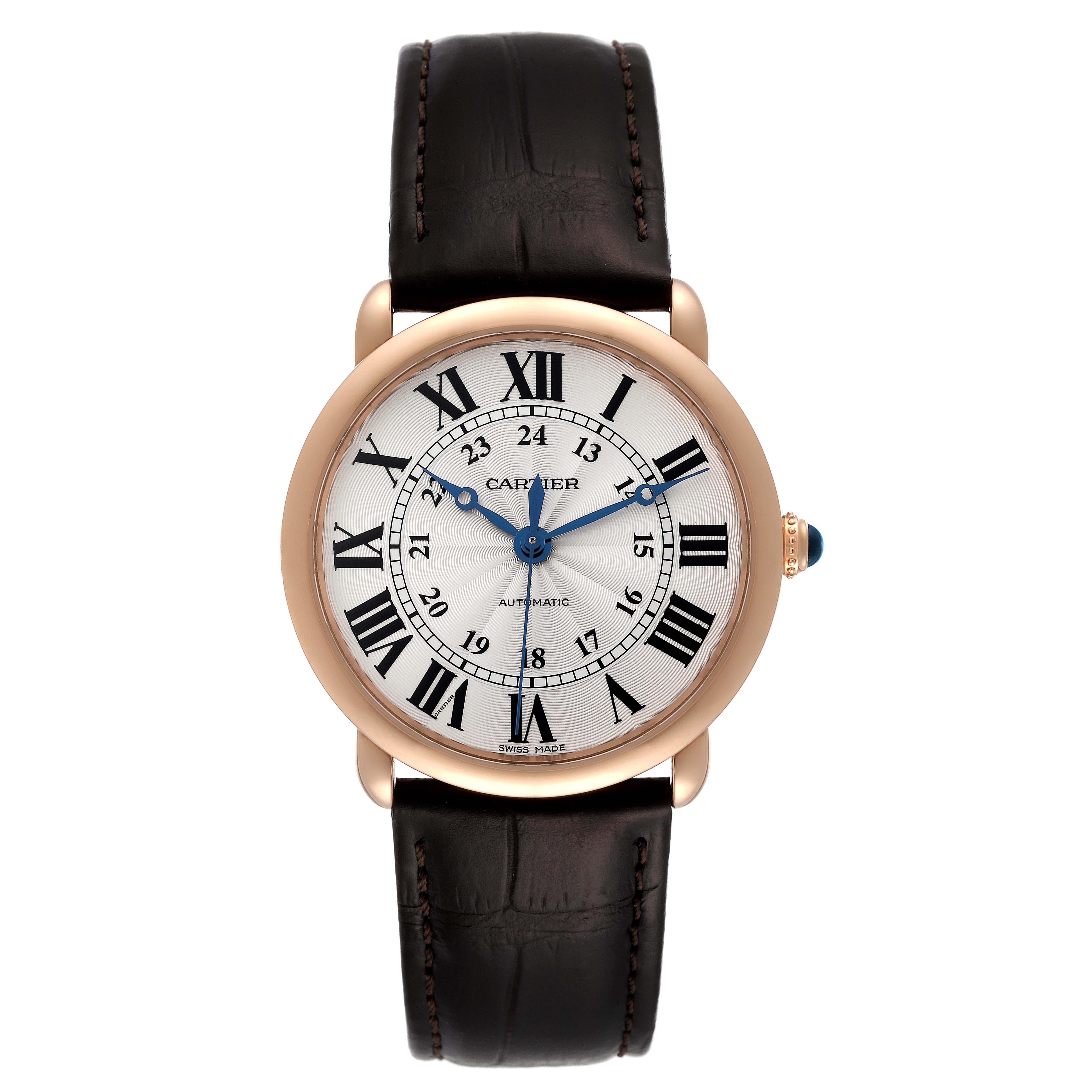 The image shows a front view of the Cartier Ronde WGRN0006 Men's Rose Gold Silver Dial WGRN0006 Men's Rose Gold Silver Dial watch, displaying its dial, bezel, crown, and leather strap.