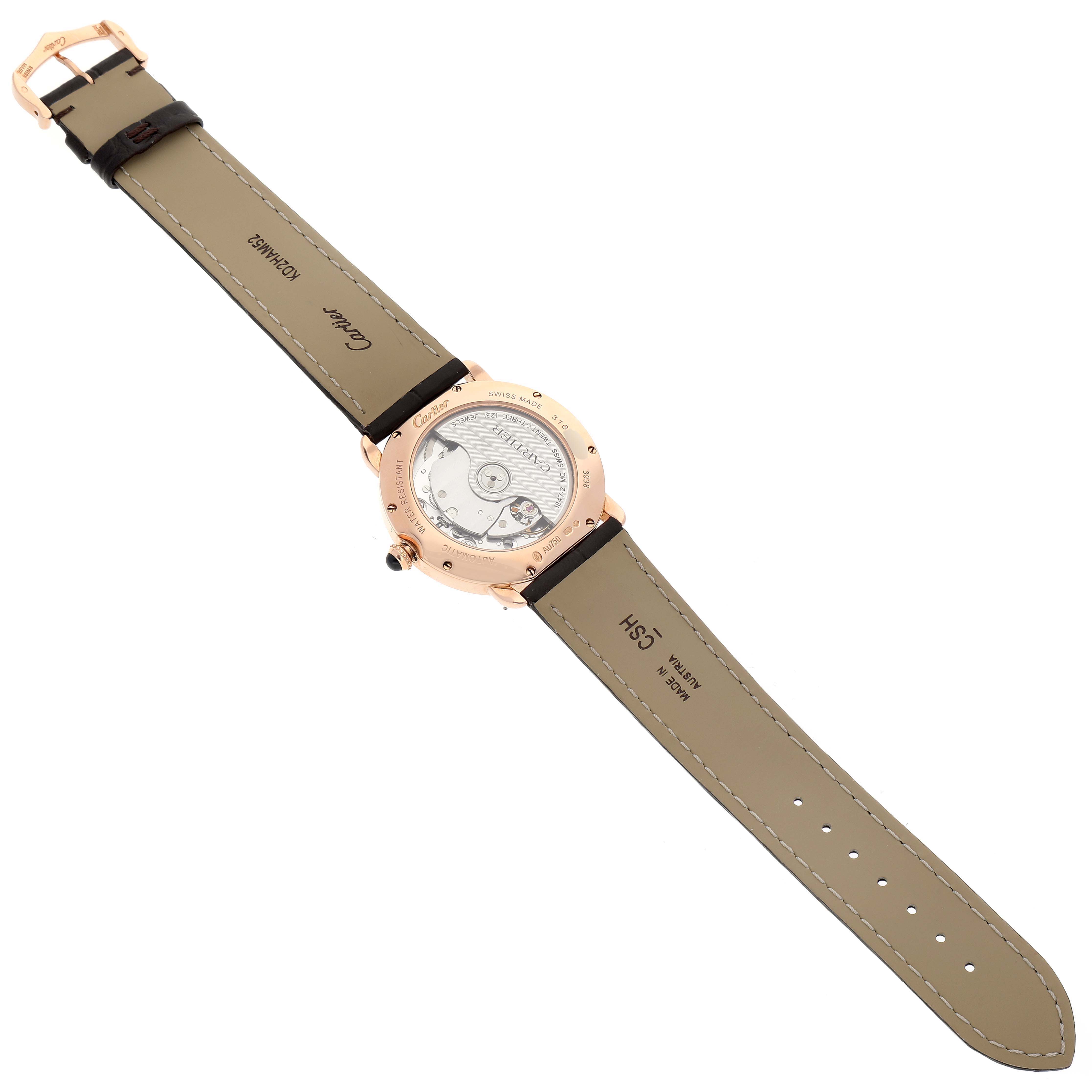 The image shows a Cartier Ronde WGRN0006 Men's Rose Gold Silver Dial WGRN0006 Men's Rose Gold Silver Dial watch from the back, displaying the movement and leather straps.