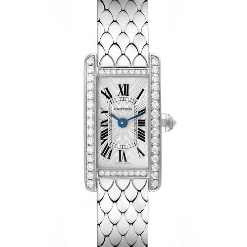 This image shows a front view of the Cartier Tank Americaine WB710013 Women's White Gold Silver Dial WB710013 Women's White Gold Silver Dial watch, featuring its face, Roman numerals, blue hands, and diamond-studded bezel.