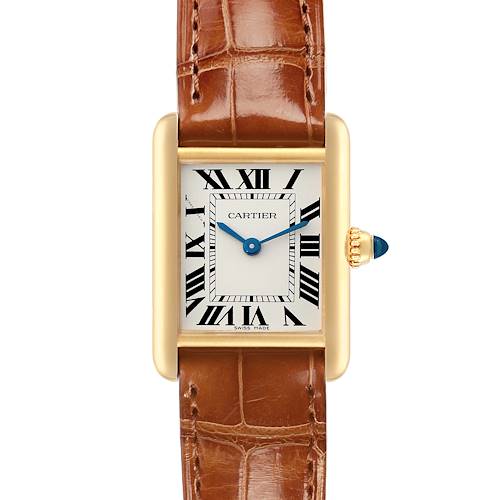 The Cartier Tank Louis W1529856 Women's Yellow Gold Silver Dial watch is shown from the front, displaying its rectangular face, Roman numerals, and leather strap.