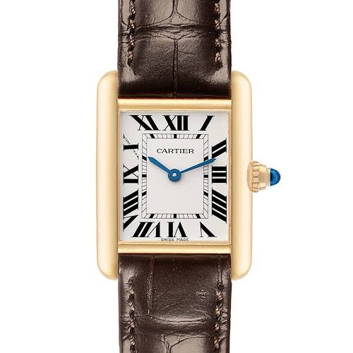 The Cartier Tank Louis W1529856 Women's Yellow Gold Silver Dial watch is shown from a top-down angle, displaying the face, crown, and leather strap.