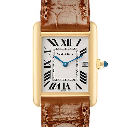 The image shows a top view of the Cartier Tank Louis W1529756 Men's Yellow Gold Silver Dial watch, highlighting its rectangular dial, Roman numerals, and leather strap.