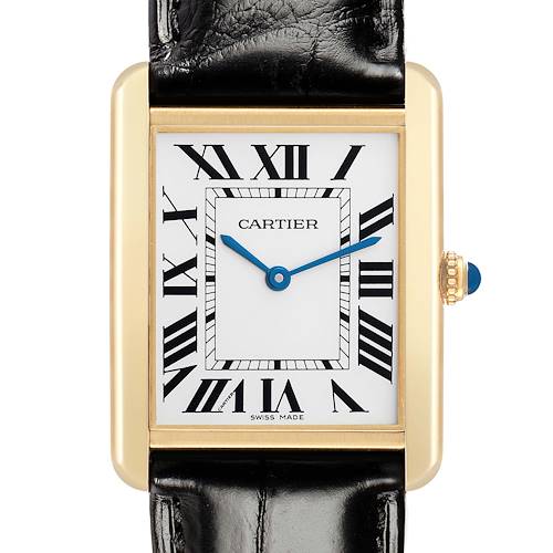 The Cartier Tank Solo W1018855 Men's Steel and Gold (two tone) Silver Dial watch is shown from the front, highlighting the face, Roman numerals, and leather strap.