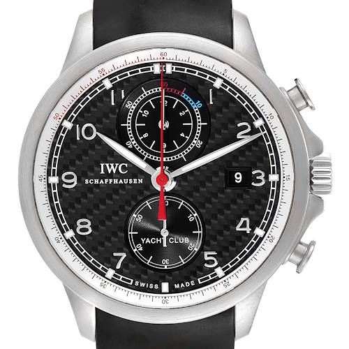 This image shows a front view of the IWC Portuguese IW390212 Men's Titanium Black Dial IW390212 Men's Titanium Black Dial Yacht Club watch, highlighting its dials, hands, and date display.