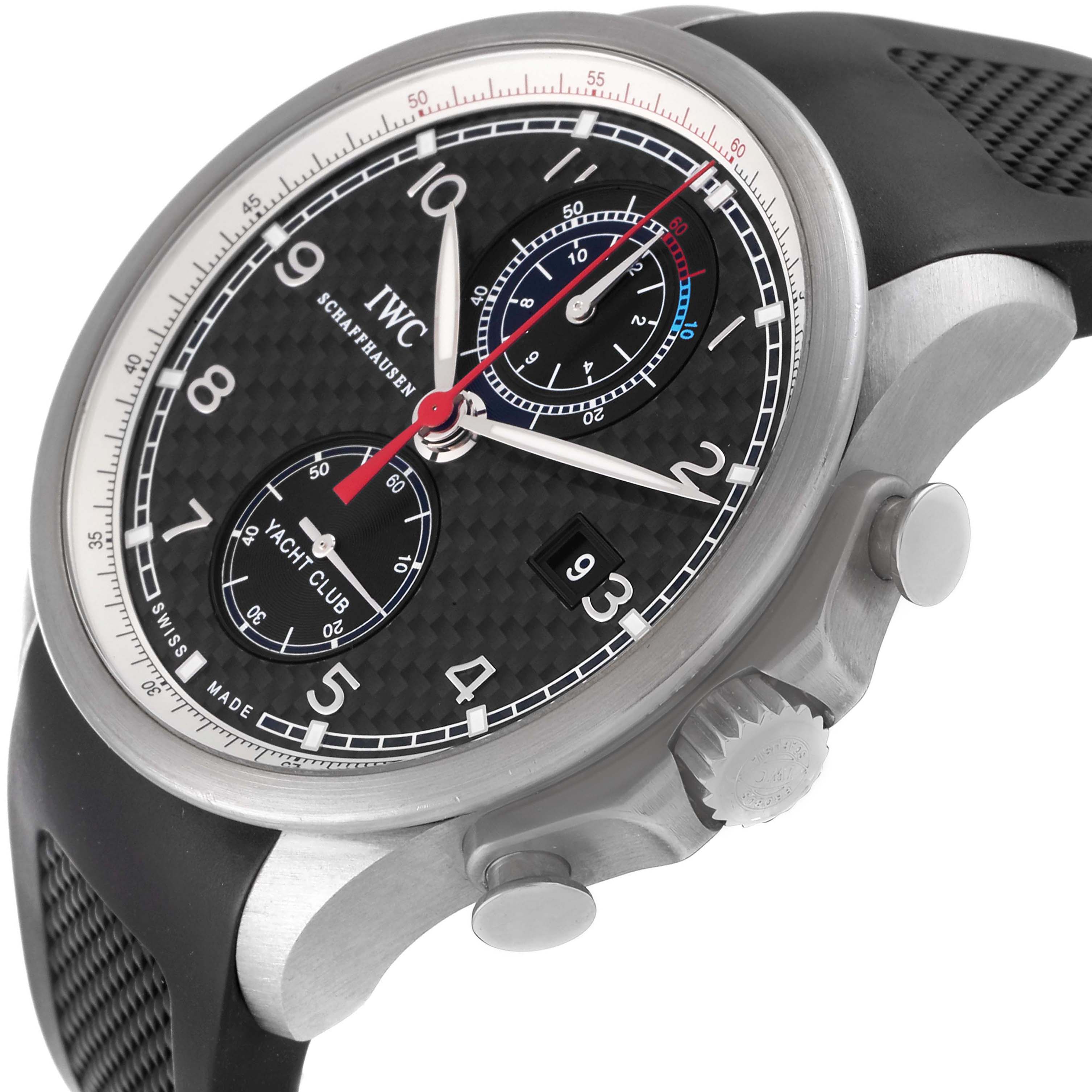 The image shows an angled view of the IWC Portuguese IW390212 Men's Titanium Black Dial IW390212 Men's Titanium Black Dial Yacht Club watch, displaying the face, crown, pusher, and part of the strap.