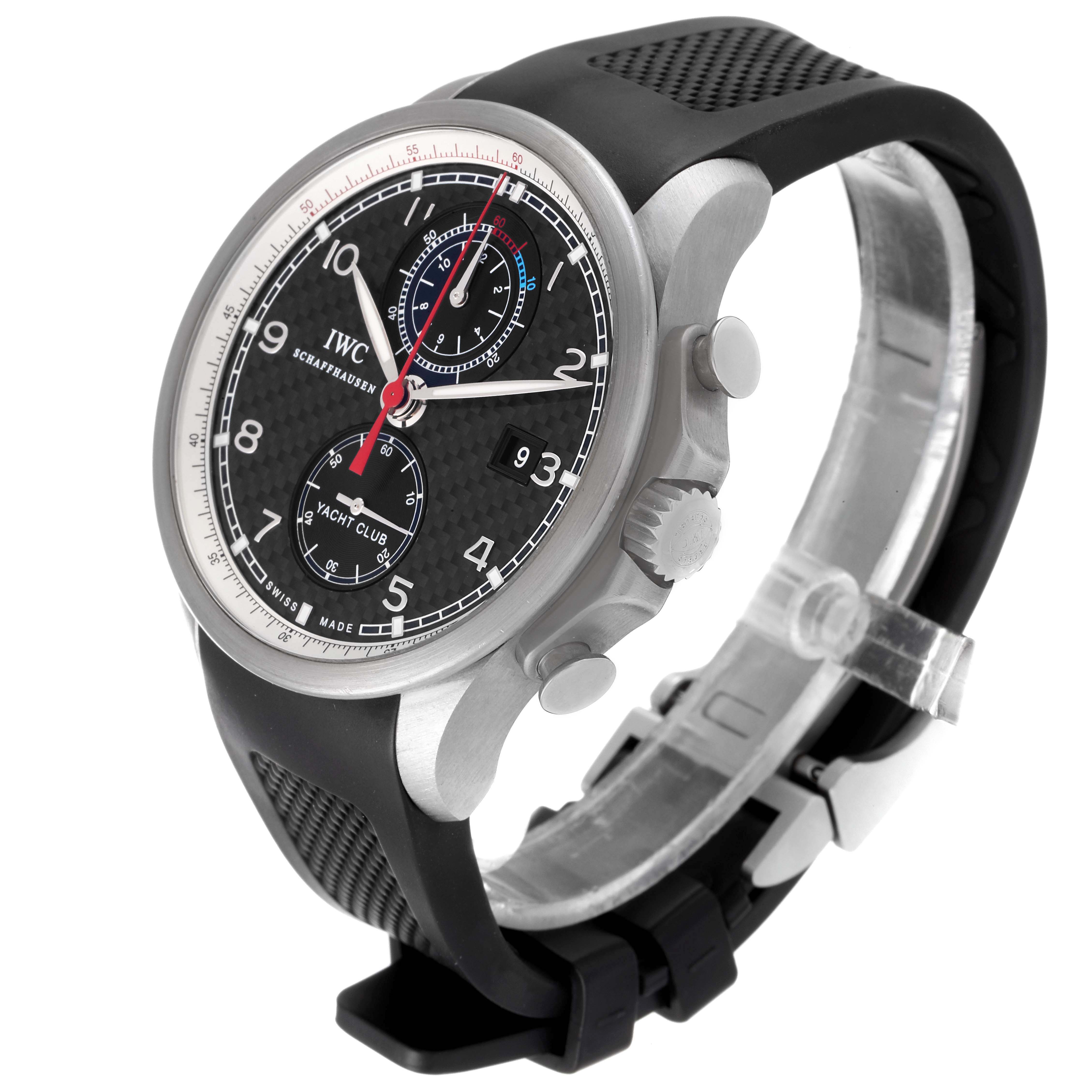 The IWC Portuguese IW390212 Men's Titanium Black Dial IW390212 Men's Titanium Black Dial model watch is shown at a slight angle, displaying the face, crown, push buttons, and part of the black strap.