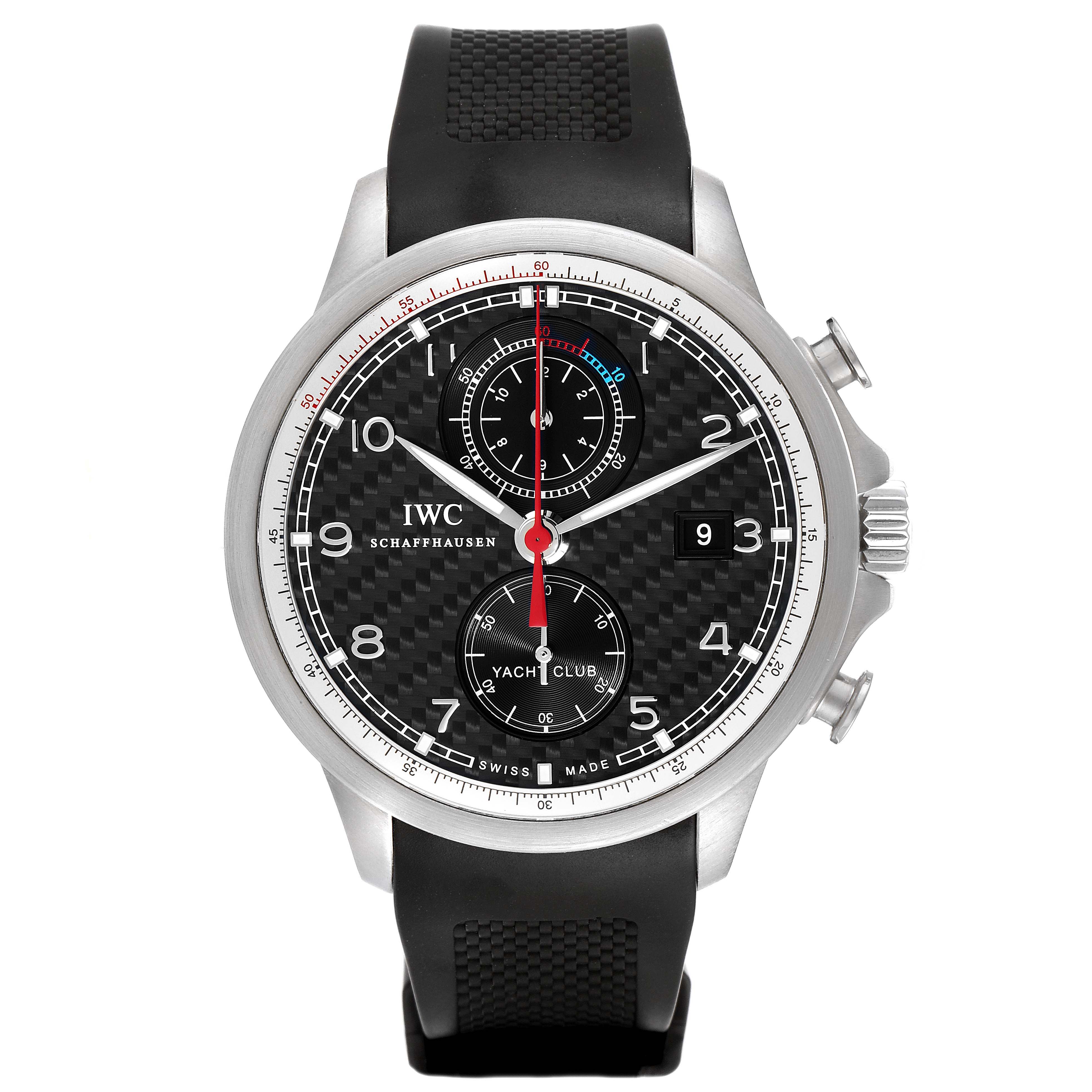 This image shows a front view of the IWC Portuguese IW390212 Men's Titanium Black Dial IW390212 Men's Titanium Black Dial Yacht Club watch, highlighting its dial, subdials, and rubber strap.