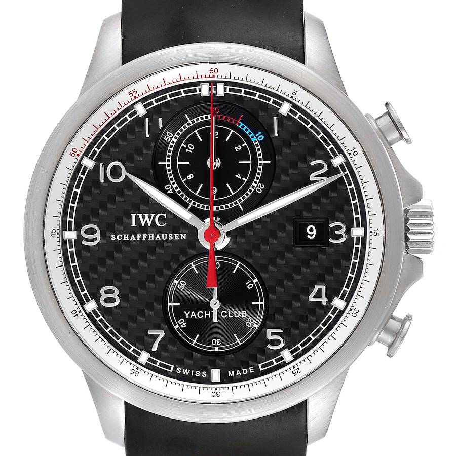The image shows a front, close-up view of an IWC Portuguese IW390212 Men's Titanium Black Dial IW390212 Men's Titanium Black Dial Yacht Club watch, featuring its black dial and chronograph sub-dials.