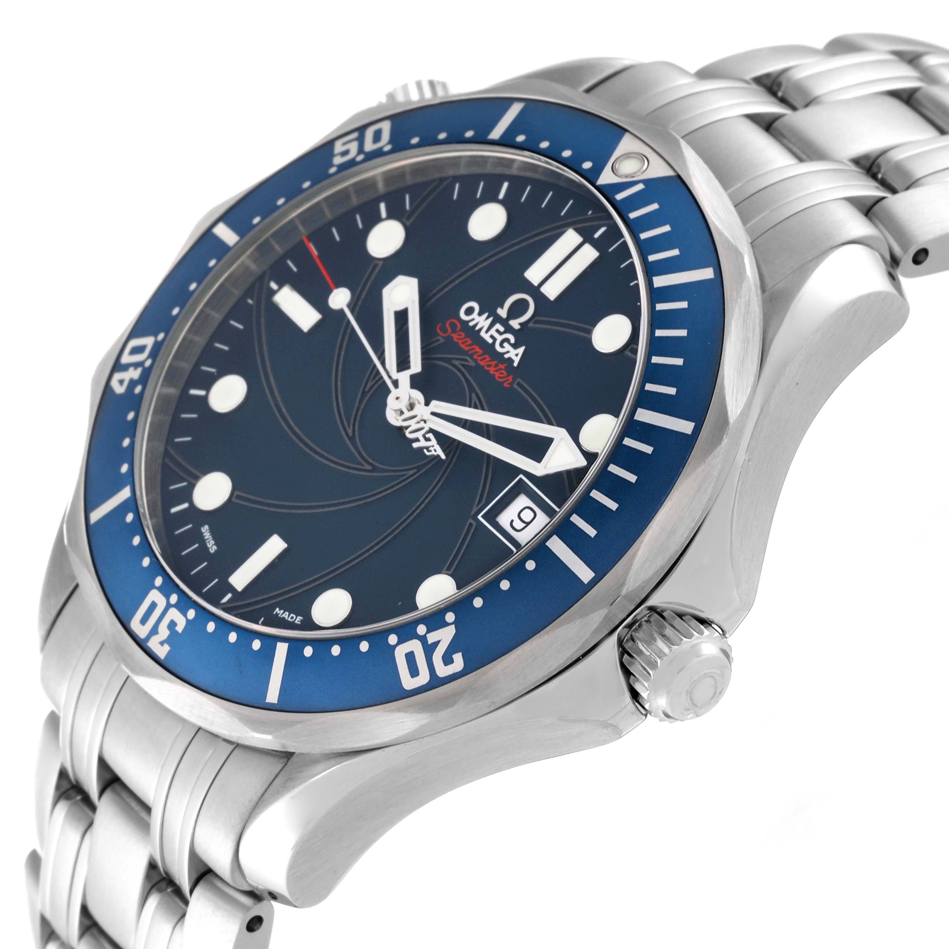 The Omega Seamaster 2226.80.00 Men's Stainless Steel Blue Dial 2226.80.00 Men's Stainless Steel Blue Dial watch is shown at an angle highlighting the blue bezel, dial, crown, and stainless steel bracelet.