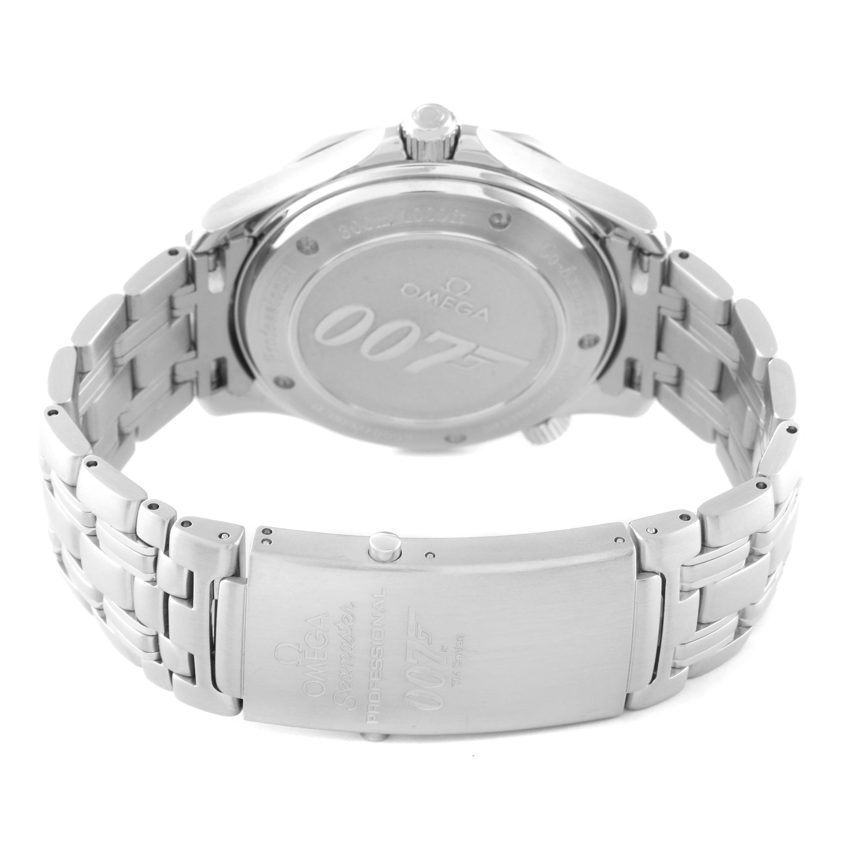 The image shows the back and bracelet clasp of an Omega Seamaster 2226.80.00 Men's Stainless Steel Blue Dial 2226.80.00 Men's Stainless Steel Blue Dial watch, featuring the 007 engraving.