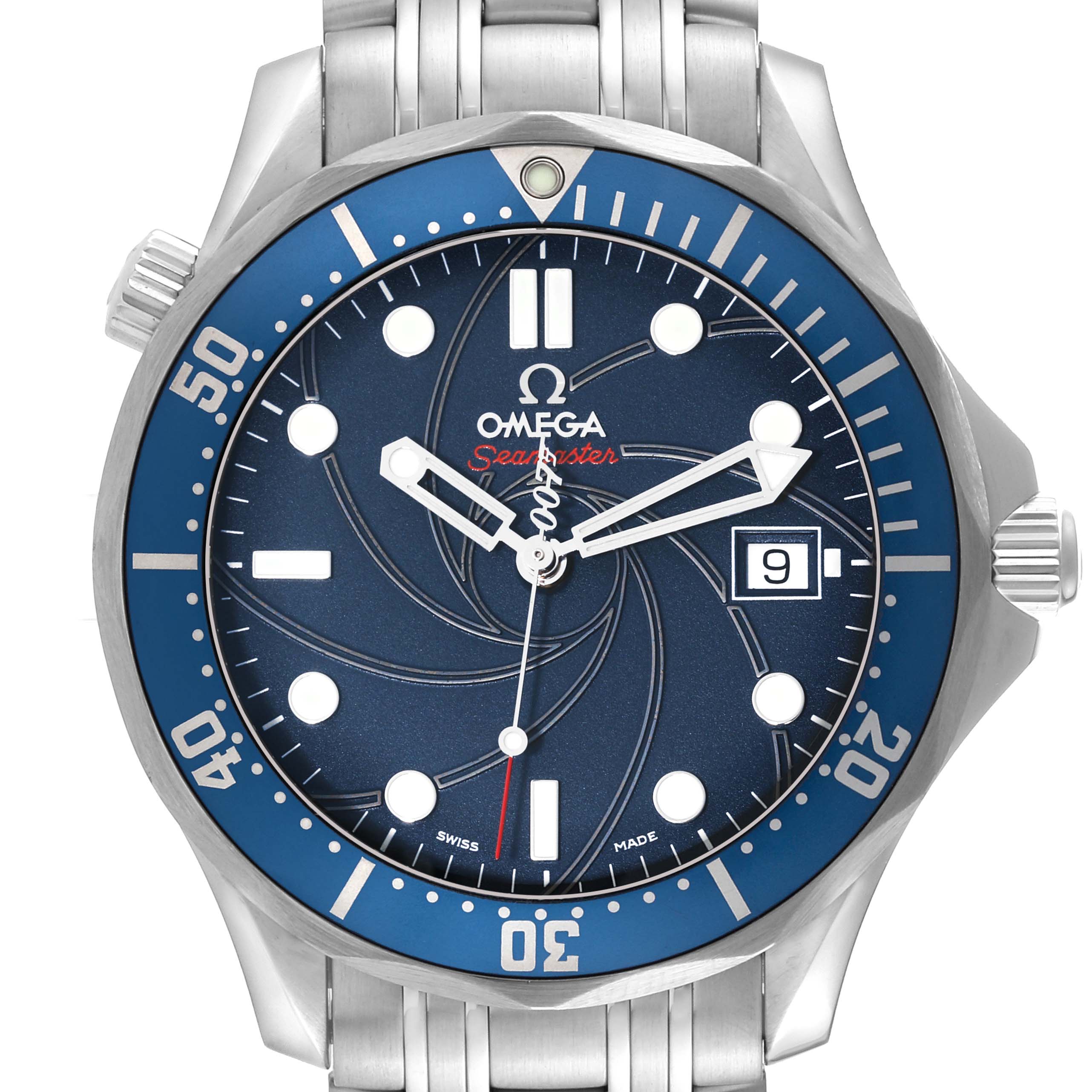 The Omega Seamaster 2226.80.00 Men's Stainless Steel Blue Dial 2226.80.00 Men's Stainless Steel Blue Dial watch is shown from a frontal angle, highlighting the dial, bezel, and crown.