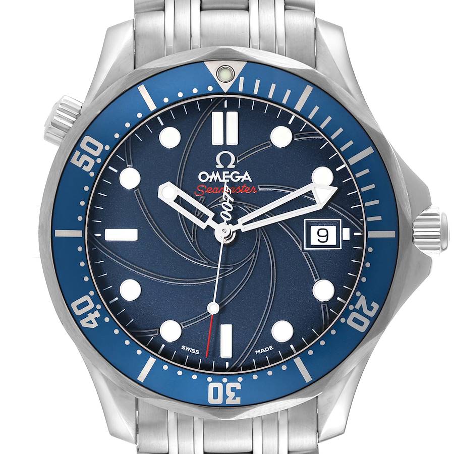 The Omega Seamaster 2226.80.00 Men's Stainless Steel Blue Dial 2226.80.00 Men's Stainless Steel Blue Dial watch is shown from a frontal angle, highlighting the dial, bezel, and crown.
