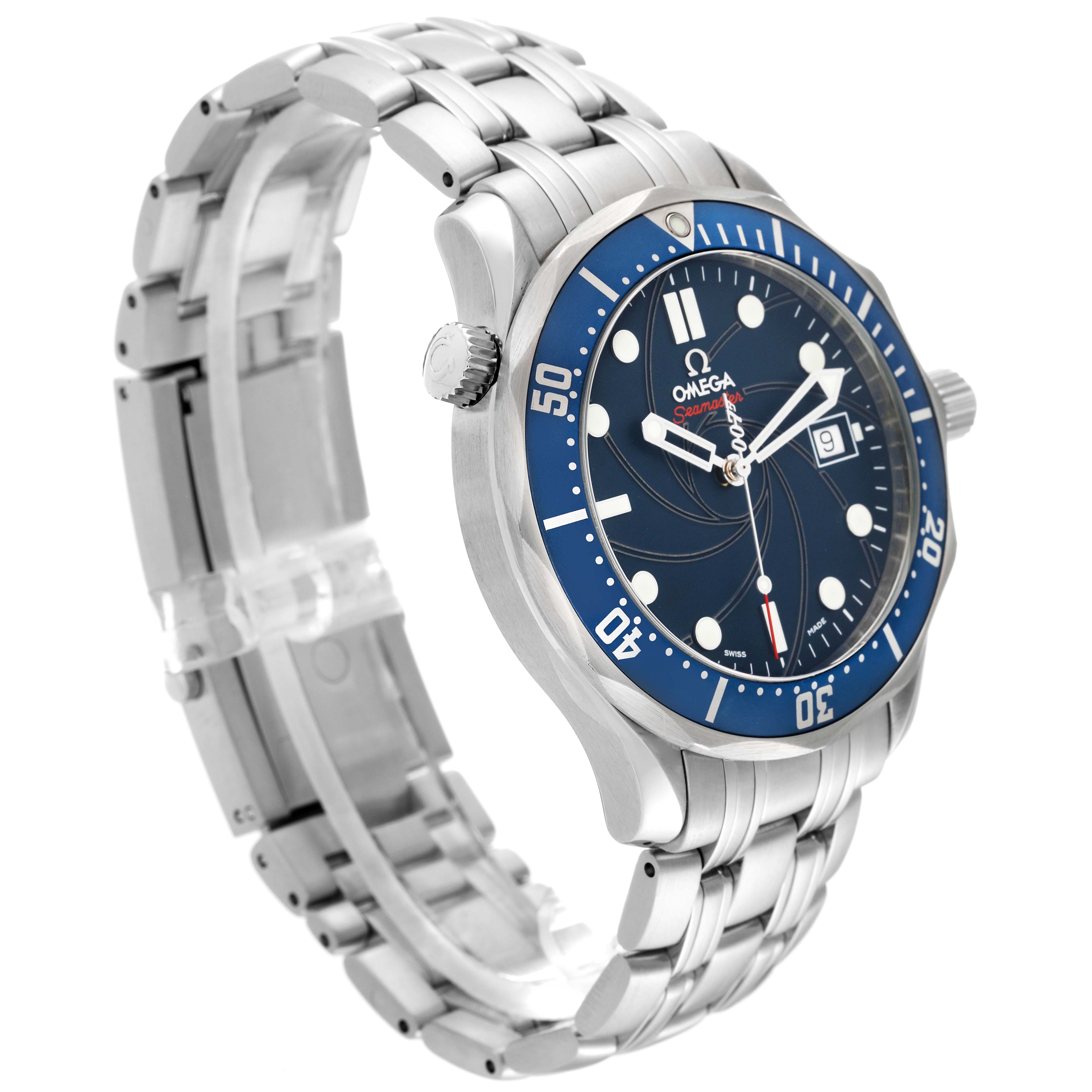 The image shows a side angle of the Omega Seamaster 2226.80.00 Men's Stainless Steel Blue Dial 2226.80.00 Men's Stainless Steel Blue Dial watch, highlighting its bracelet, bezel, crown, and dial.