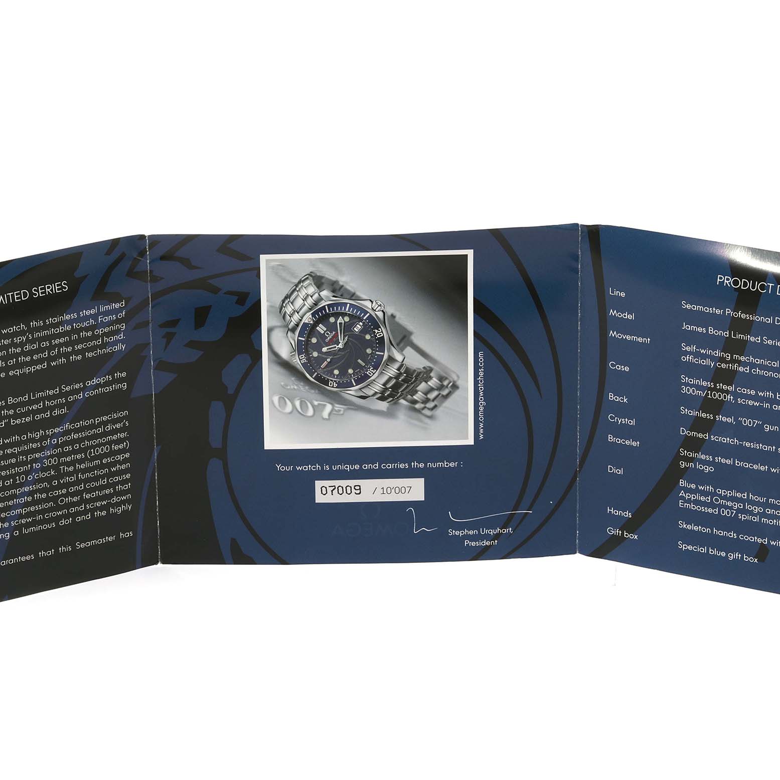 The Omega Seamaster 2226.80.00 Men's Stainless Steel Blue Dial 2226.80.00 Men's Stainless Steel Blue Dial watch is displayed front-on, highlighting the bracelet, dial, and case on a product certificate.