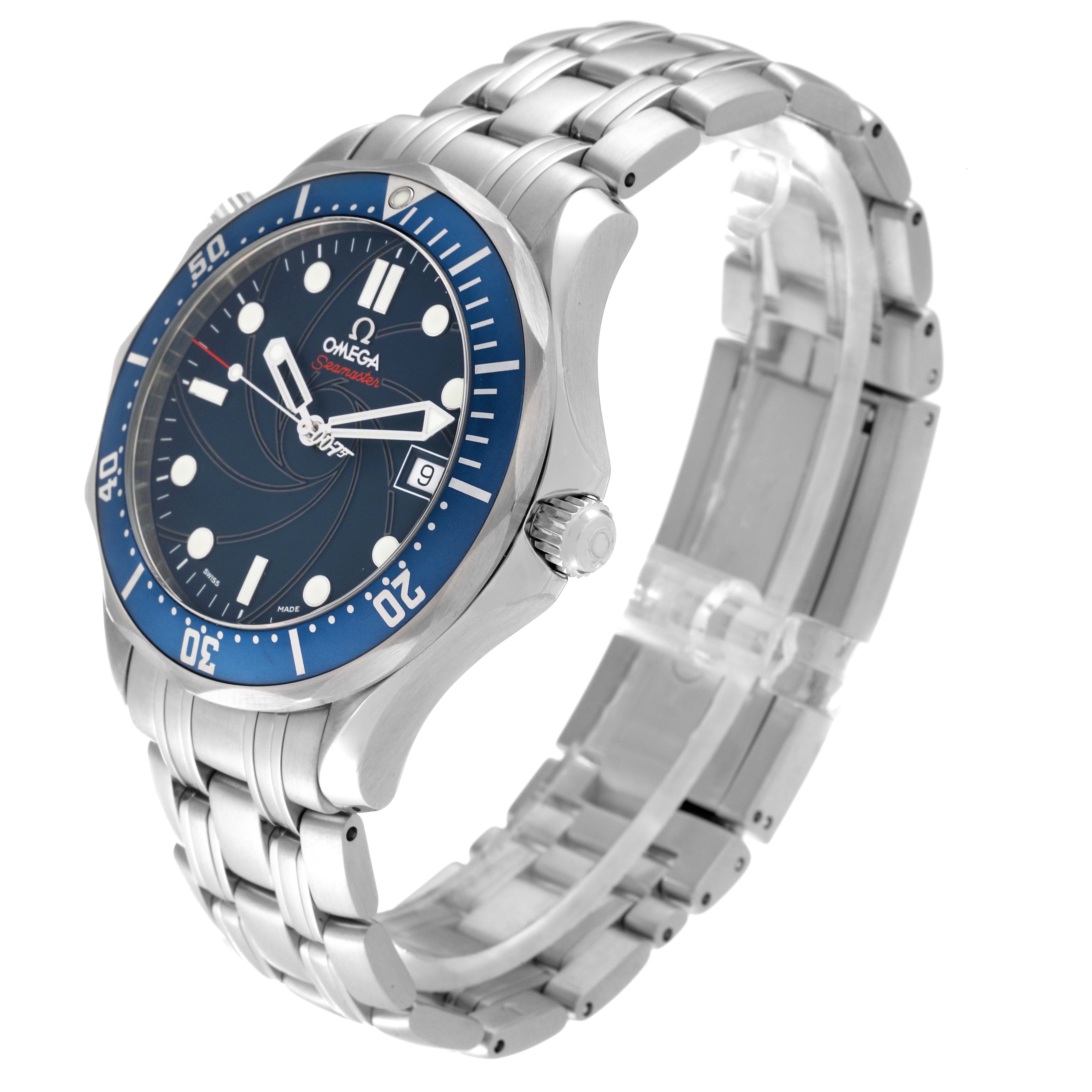 The image shows the Omega Seamaster 2226.80.00 Men's Stainless Steel Blue Dial 2226.80.00 Men's Stainless Steel Blue Dial watch at an angle, highlighting the dial, bezel, crown, and metal bracelet.