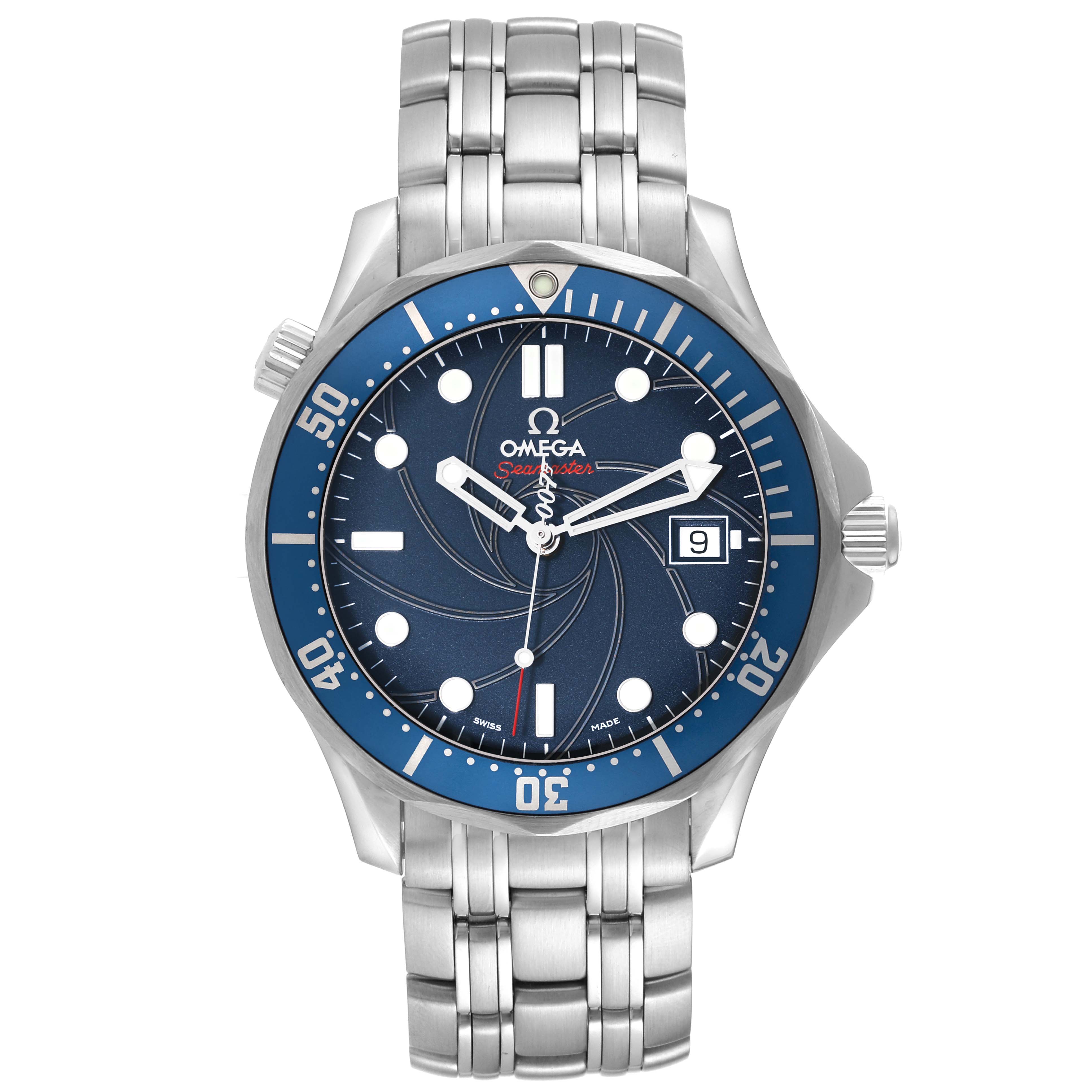 This Omega Seamaster 2226.80.00 Men's Stainless Steel Blue Dial 2226.80.00 Men's Stainless Steel Blue Dial watch is shown from a front angle, displaying its face, bezel, hands, bracelet, and date window.