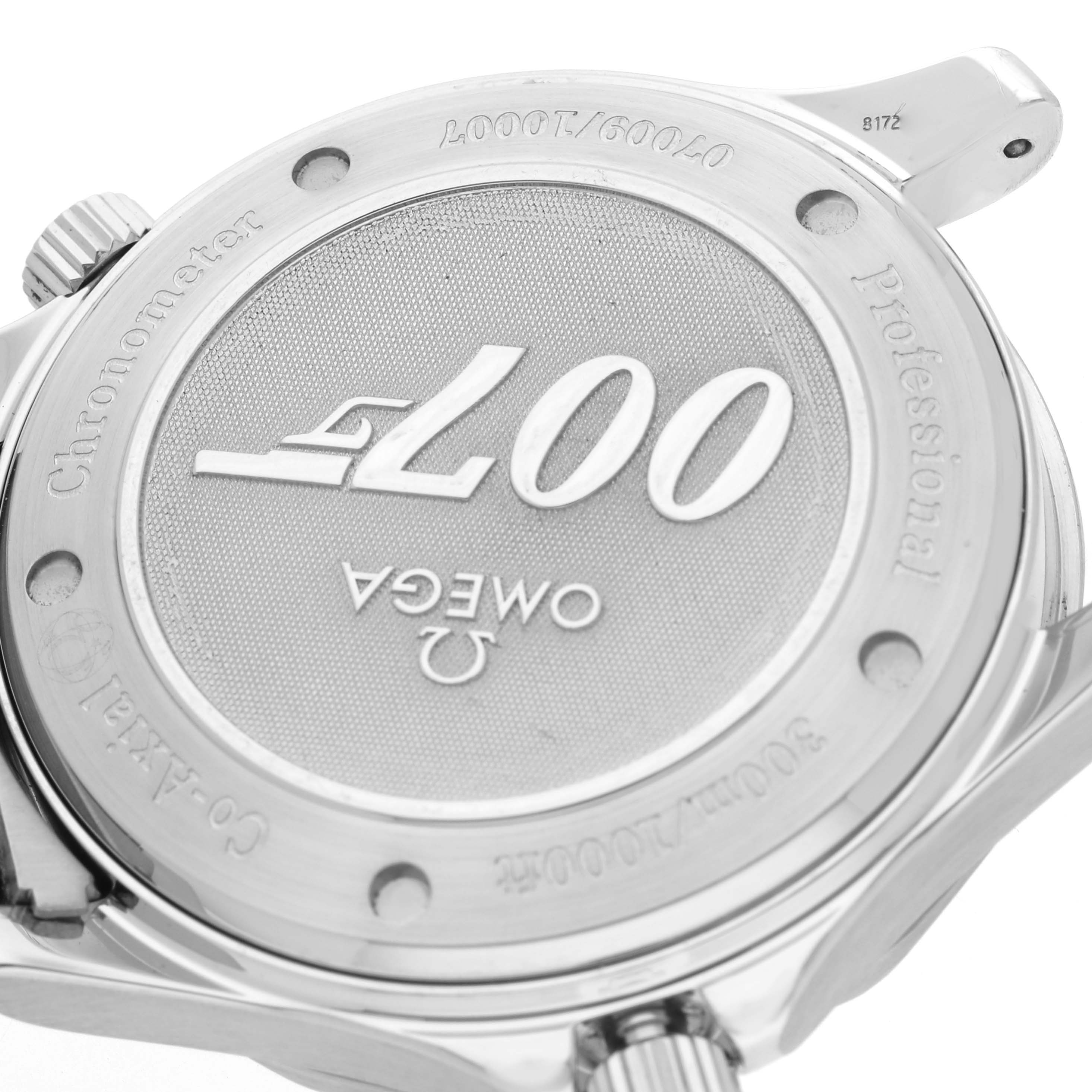 The image shows the back casing of an Omega Seamaster 2226.80.00 Men's Stainless Steel Blue Dial 2226.80.00 Men's Stainless Steel Blue Dial watch, featuring the 007 logo and inscriptions.