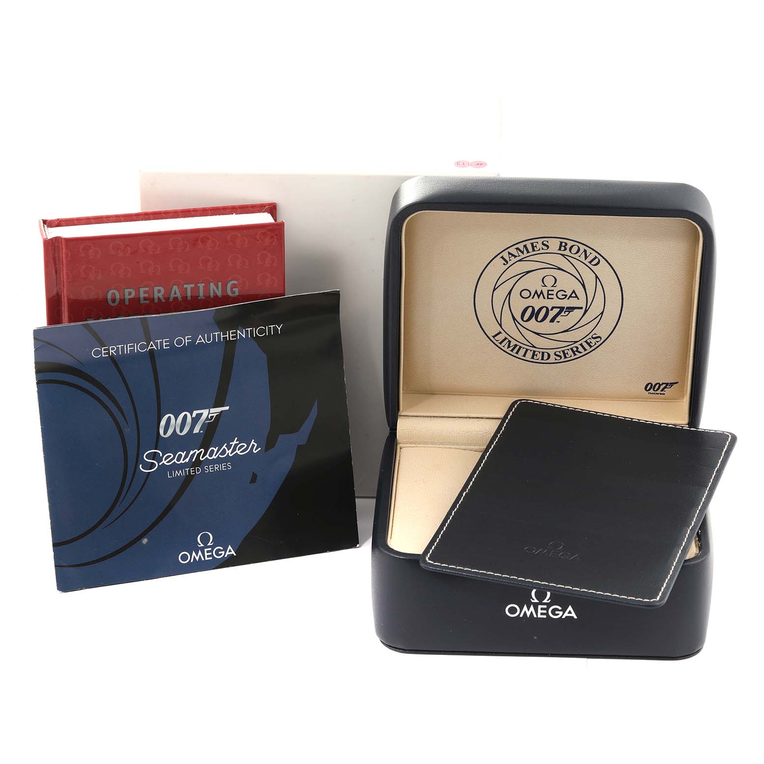 The image shows the Omega Seamaster 2226.80.00 Men's Stainless Steel Blue Dial 2226.80.00 Men's Stainless Steel Blue Dial watch box, certificate of authenticity, operating booklet, and a cardholder.