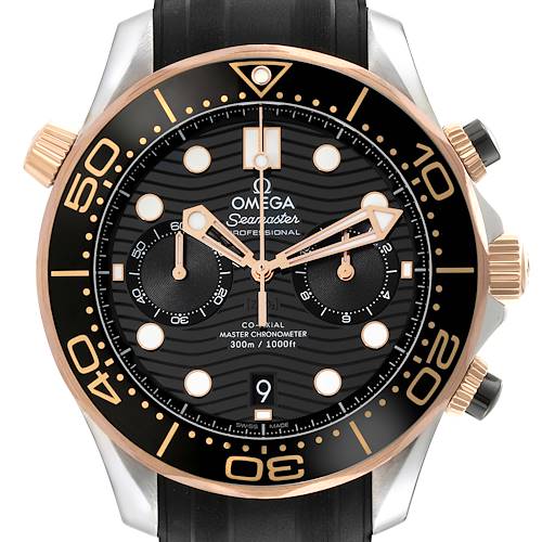 The Omega Seamaster 210.22.44.51.01.001 Men's Steel and Gold (two tone) Black Dial 210.22.44.51.01.001 Men's Steel and Gold (two tone) Black Dial watch is shown from a front angle, highlighting its black and gold bezel, chronograph sub-dials, and rubber strap.