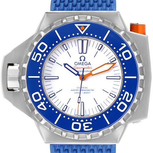 The image shows a close-up front view of an Omega Seamaster Ploprof watch, highlighting its blue bezel, dial, and strap.