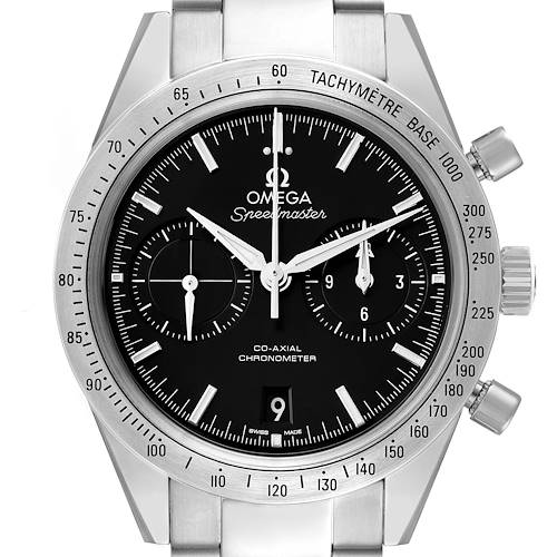 The Omega Speedmaster 331.10.42.51.01.001 Men's Stainless Steel Black Dial is shown from a front angle, displaying the dial, subdials, bezel, and part of the bracelet.