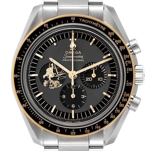 The image shows a frontal view of an Omega Speedmaster 310.20.42.50.01.001 Men's Stainless Steel Grey Dial 310.20.42.50.01.001 Men's Stainless Steel Grey Dial watch, highlighting its dial, subdials, and tachymeter bezel.