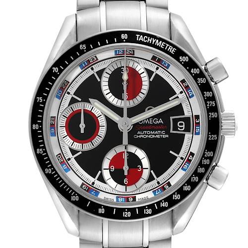 The image shows a front view of the Omega Speedmaster 3210.52.00 Men's Stainless Steel Black Dial 3210.52.00 Men's Stainless Steel Black Dial chronograph watch face and stainless steel bracelet.