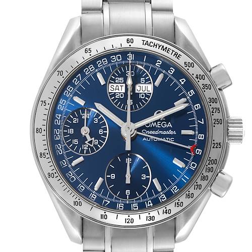The image shows a front view of an Omega Speedmaster 3523.80.00 Men's Stainless Steel Blue Dial 3523.80.00 Men's Stainless Steel Blue Dial watch, highlighting the blue dial, subdials, and tachymeter scale.
