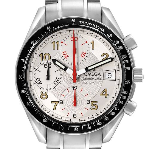 This Omega Speedmaster 3513.33.00 Men's Stainless Steel Silver Dial 3513.33.00 Men's Stainless Steel Silver Dial watch is shown from the front, displaying its silver dial, tachymeter bezel, date window, and subdials.