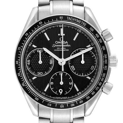 This is a front view of the Omega Speedmaster 326.30.40.50.01.001 Men's Stainless Steel Black Dial 326.30.40.50.01.001 Men's Stainless Steel Black Dial watch showcasing its dial, chronograph subdials, and tachymeter bezel.