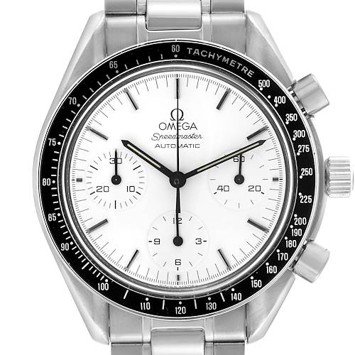 The Omega Speedmaster 3510.20.00 Men's Stainless Steel White Dial 3510.20.00 Men's Stainless Steel White Dial watch is shown from the front, displaying its dial, sub-dials, bezel, and part of the bracelet.