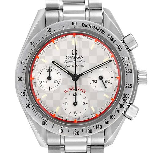 The image shows a frontal view of an Omega Speedmaster 3517.30.00 Men's Stainless Steel Silver Dial 3517.30.00 Men's Stainless Steel Silver Dial watch, highlighting the dial, tachymeter bezel, and pushers.
