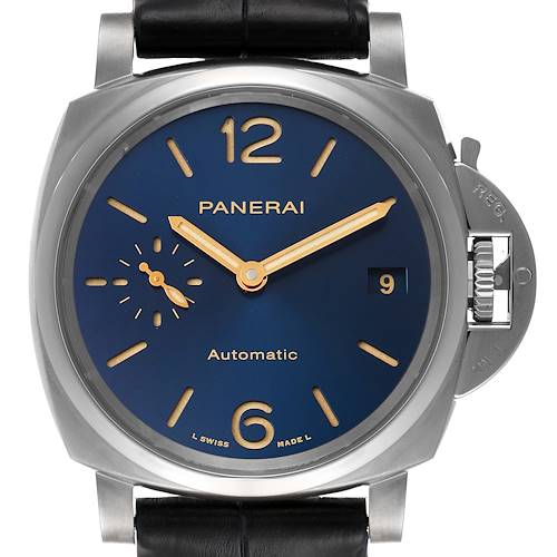 The image shows a front view of a Panerai Luminor Due PAM00926 Men's Titanium Blue Dial PAM00926 Men's Titanium Blue Dial watch, displaying its dial, hands, date window, and crown guard.