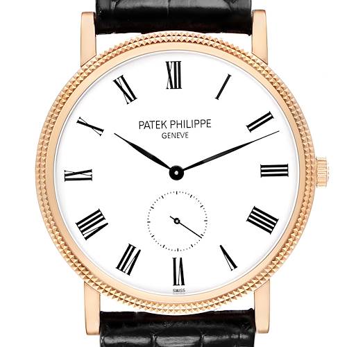 The Patek Philippe Calatrava 5119R Men's Rose Gold White Dial watch is shown from the front, displaying the dial, case, and leather strap.