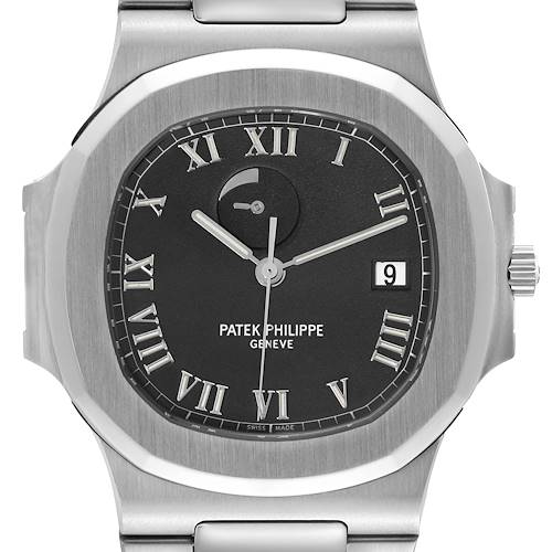 The image shows a front view of the Patek Philippe Nautilus 3710/1A-001 Men's Stainless Steel Black Dial 3710/1A-001 Men's Stainless Steel Black Dial watch, highlighting its black dial, Roman numeral indices, and date display at 3 o'clock.