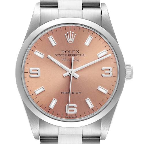 The image shows a frontal view of the Rolex Air-King 14000 Men's Stainless Steel Pink Dial 14000 Men's Stainless Steel Pink Dial watch, highlighting the dial, hands, crown, and part of the bracelet.
