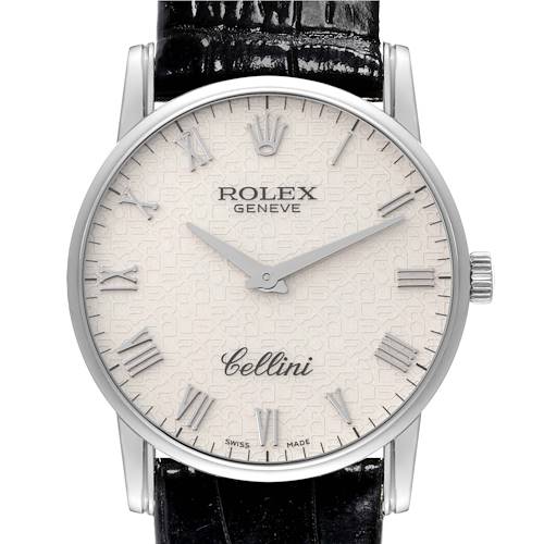 This is a straight-on view of a Rolex Cellini 5116/9 Men's White Gold Beige Dial 5116/9 Men's White Gold Beige Dial watch, showing the face, bezel, lugs, and part of the strap.
