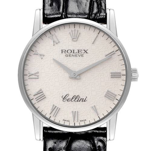 The image shows a front view of a Rolex Cellini 5116/9 Men's White Gold Beige Dial 5116/9 Men's White Gold Beige Dial watch, displaying its face and part of the black leather strap.