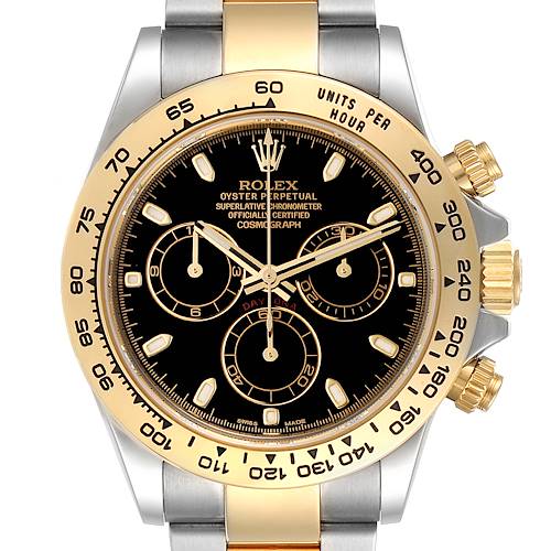 The image shows a frontal view of a Rolex Daytona 116503 Men's Steel and Gold (two tone) Black Dial 116503 Men's Steel and Gold (two tone) Black Dial watch, highlighting its black dial, gold accents, and steel and gold bracelet.