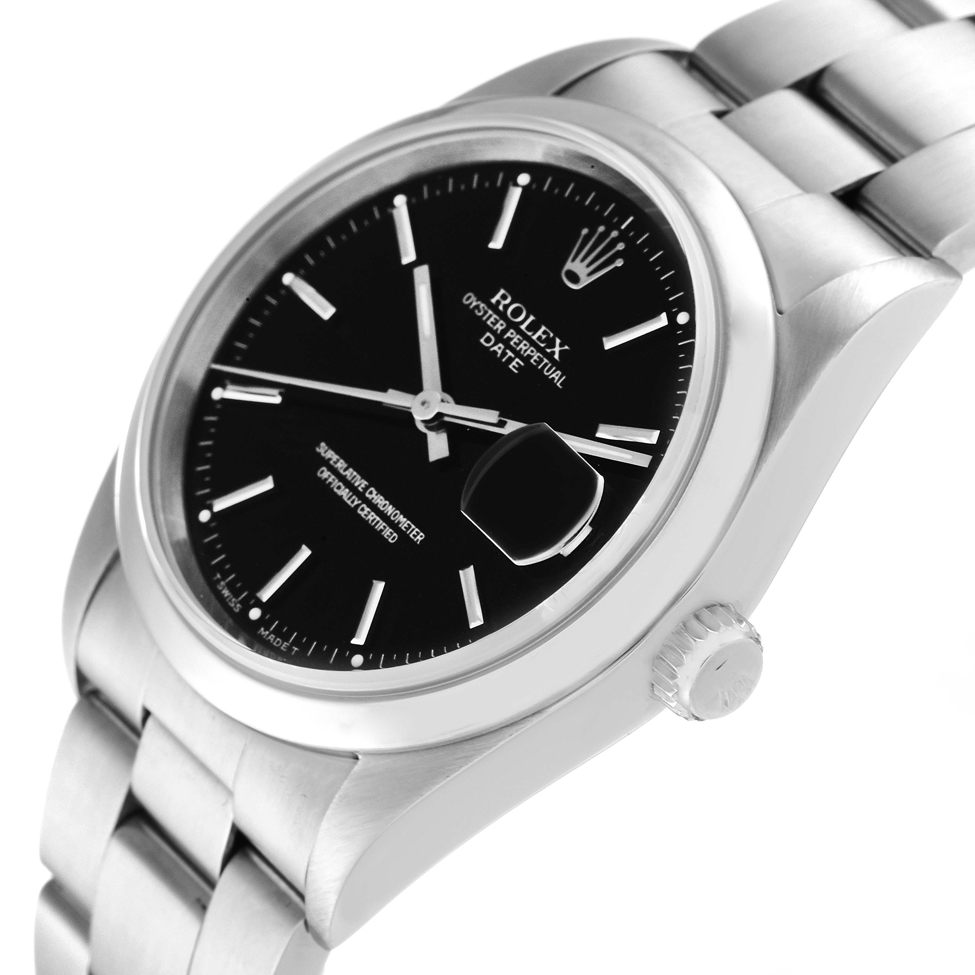 This image shows a side angle of the Rolex Date 15200 Men's Stainless Steel Black Dial 15200 Men's Stainless Steel Black Dial watch, featuring its face, crown, and bracelet.