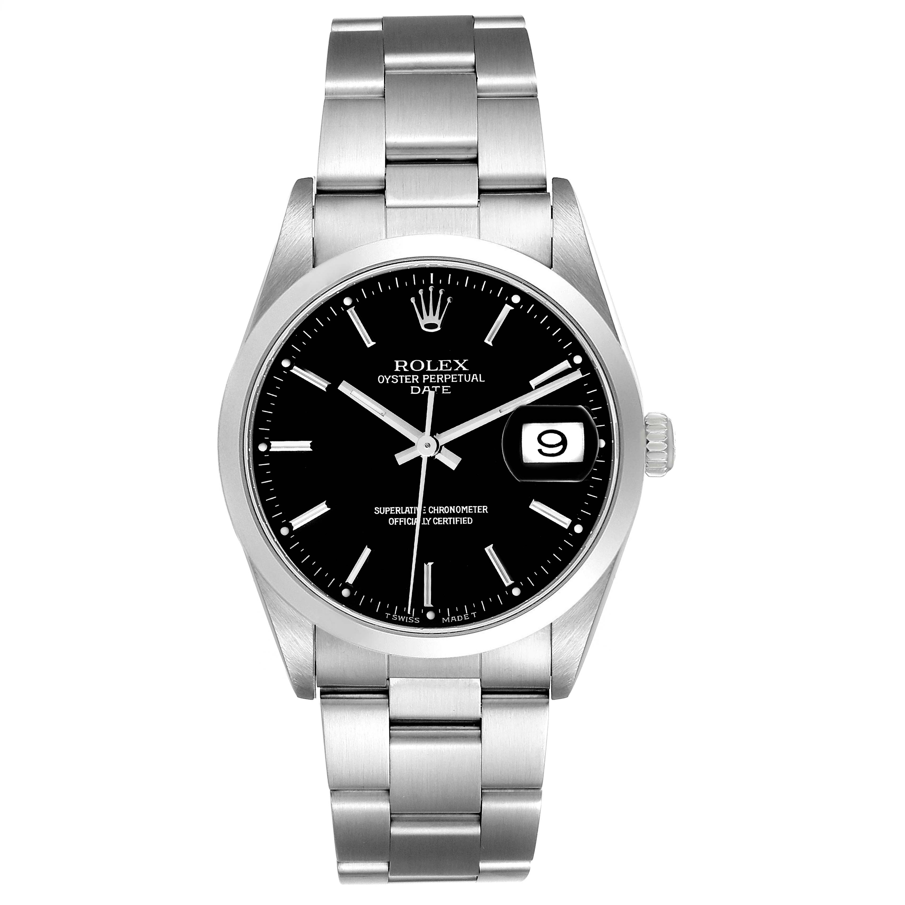 The image shows a front view of a Rolex Date 15200 Men's Stainless Steel Black Dial 15200 Men's Stainless Steel Black Dial model watch, displaying its face, bracelet, and clasp.
