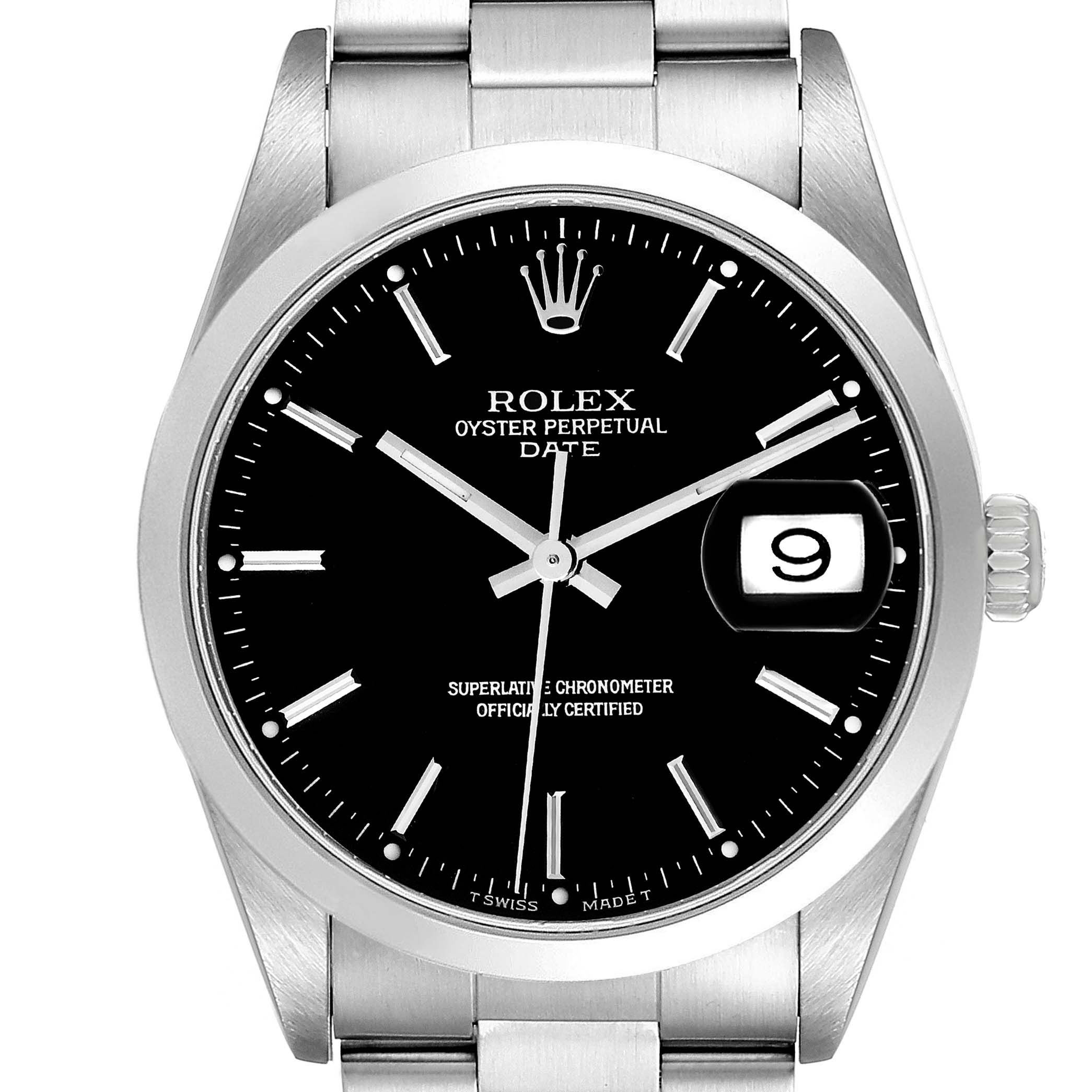 This Rolex Date 15200 Men's Stainless Steel Black Dial 15200 Men's Stainless Steel Black Dial model watch is shown from the front, highlighting the black dial, luminescent hands, date window, and stainless steel bracelet.